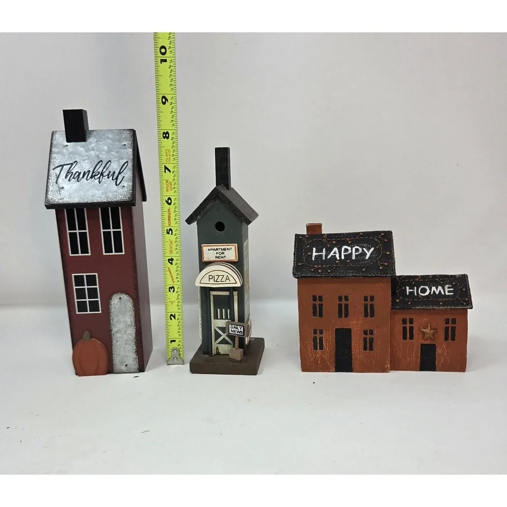 Primitive Farmhouse Wood House Decor Lot Set 3 Saltbox Birdhouse Pizza Shop